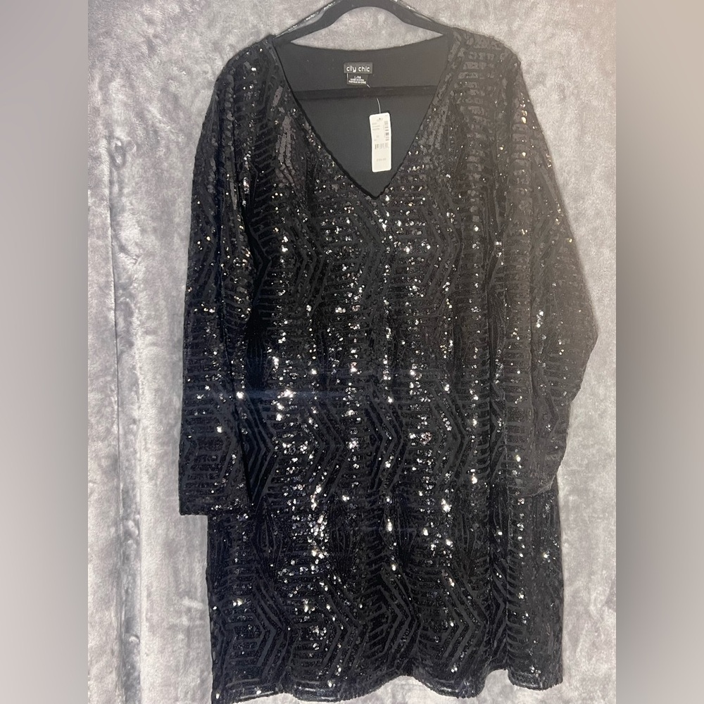 City Chic Black Sequin Evening Dress Lined 20W NWT Slightly Below Knee